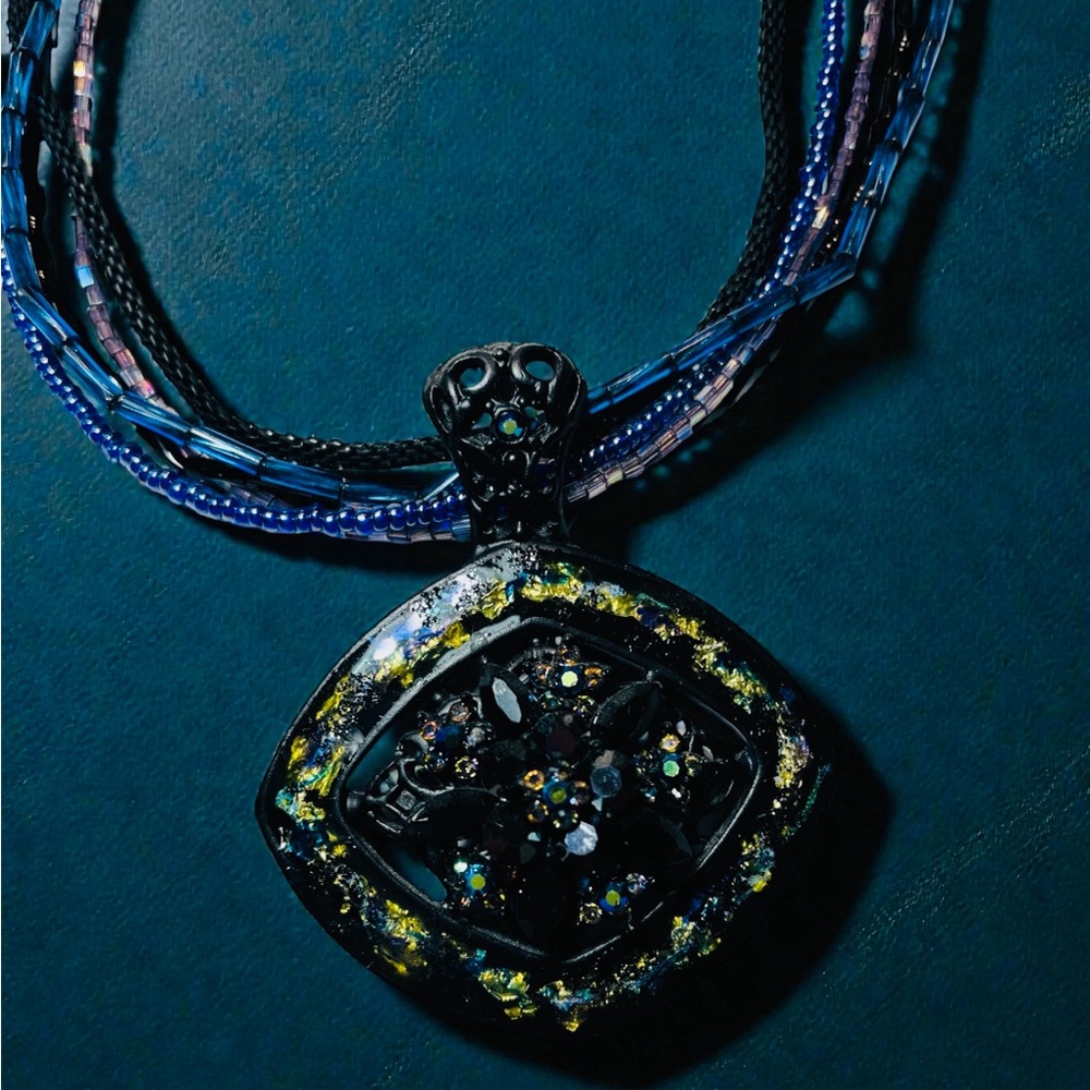 Vintage Chico’s Multi-Strand Beaded Black and Blue Pendant Statement Necklace